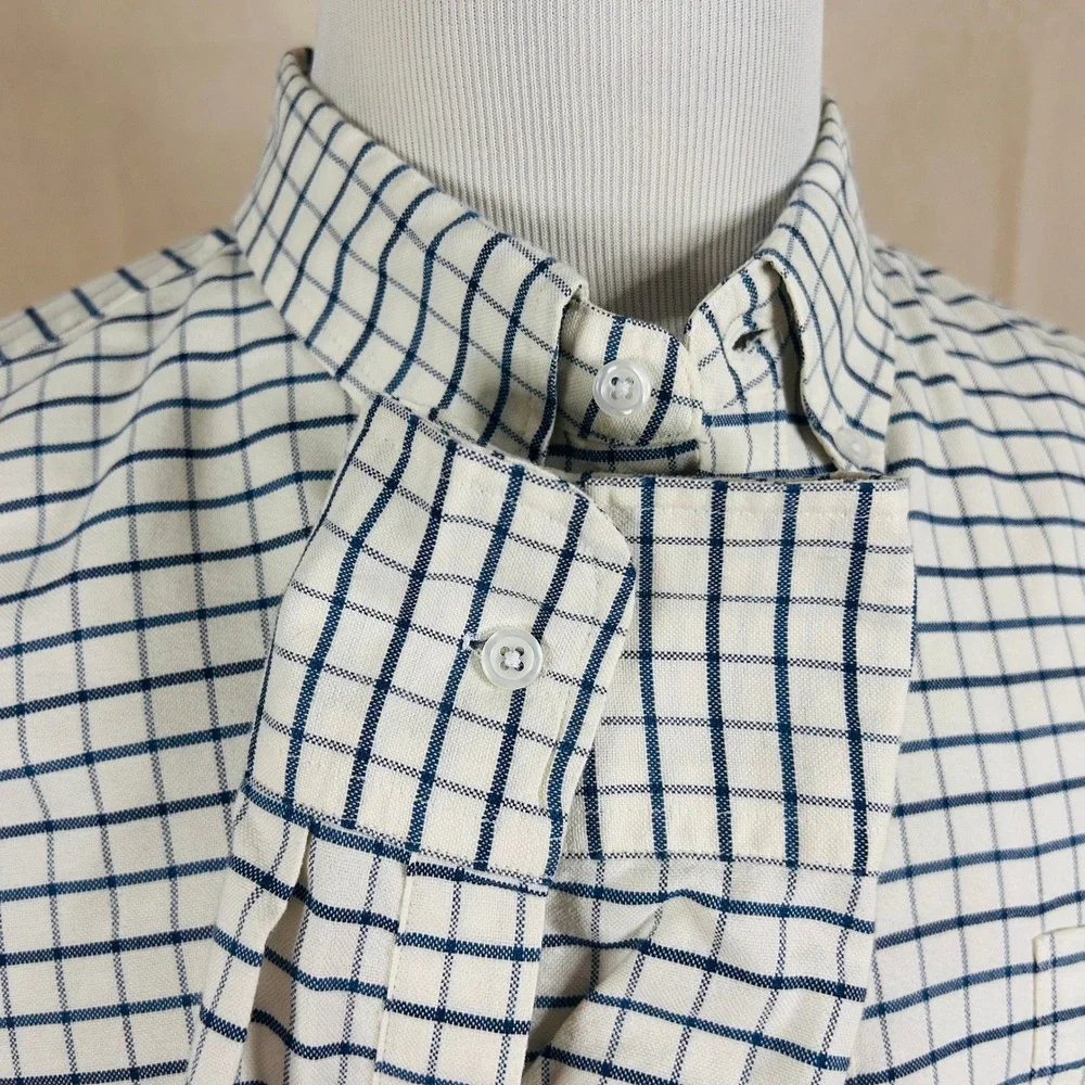 J Crew XL Mercantile Flex Button Down Shirt Ivory Blue Windowpane Check Mens